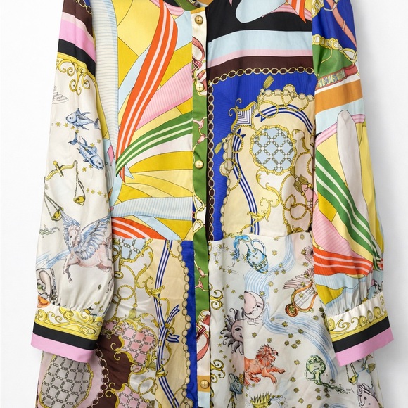 Zara Satin Print Shirt Baroque Chain Patchwork Mini Colorful Satin Dress Size LG - Picture 1 of 3